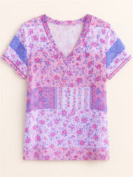 Summer Holiday Style Floral Print V Neck T-Shirt for Women