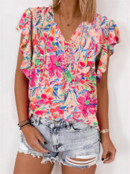 Women's Summer Boho Style Floral Print Ruffled Short Sleeve Shirts - Image 3