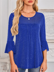Women's Solid Color Mesh Patchwork Bling 3/4 Flare Sleeve Shirt - Image 5