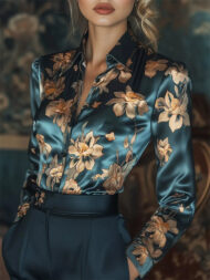 Elegant Golden Floral Printed Satin Slim Fit Long Sleeve Shirts - Image 2