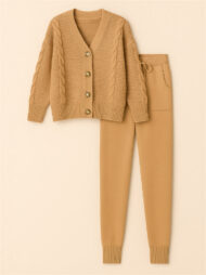 Women's Simple V-Neck Solid Color Pit Stripe Button Up Sweater Outfits - Image 2