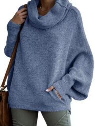 Casual Solid Color Turtleneck Kangaroo Pocket Lantern Sleeve Sweaters for Women - Image 11