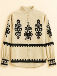 Ladies' Vintage Ethnic Style Printed Stand Collar Long Sleeve Blouses