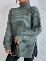 Women's Solid Color Turtleneck Split Hem Long Sleeve Knitted Sweaters - Image 9
