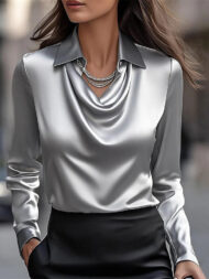 Ladies' Elegant Simple Solid Color Lapel Long Sleeve Blouses - Image 8