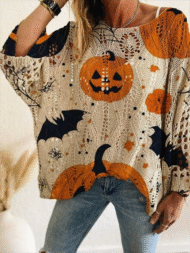 Hollow Halloween Style Pumpkin Print Round Neck Sweater for Women - Image 2