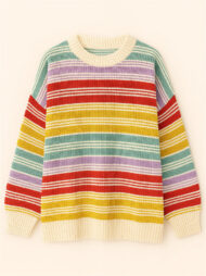 Women's Autumn Rainbow Color Striped Round Neck Sweaters