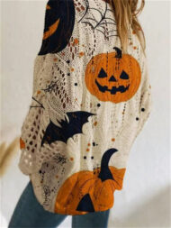 Hollow Halloween Style Pumpkin Print Round Neck Sweater for Women - Image 4