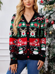 Women's Autumn Snowman Elk V Neck Long Sleeve Cardigan Christmas Sweaters - Image 3