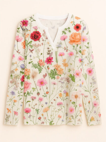 Women's Floral Print V-neck Pullover Long Sleeve Shirts