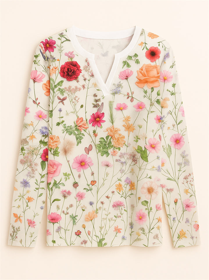 f2e735615a1d73d827a7fe80520b803f Women's Floral Print V-neck Pullover Long Sleeve Shirts - Image 1