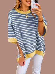 Women's Oversized Striped Color Block Half Sleeve Tops - Image 7