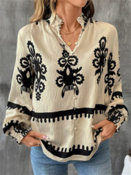 Ladies' Vintage Ethnic Style Printed Stand Collar Long Sleeve Blouses - Image 2