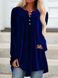 Women's Solid Color Velvet Pleated Asymmetrical Hem Long Sleeve Shirts - Image 6