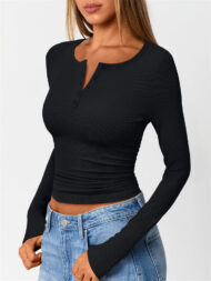 Solid Color Striped Buttons Pullover Slim-fit Long Sleeve Shirts for Women - Image 10