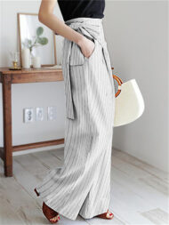 Ladies' Elegant Trendy Striped Lace Up High Waist Straight Pants - Image 5